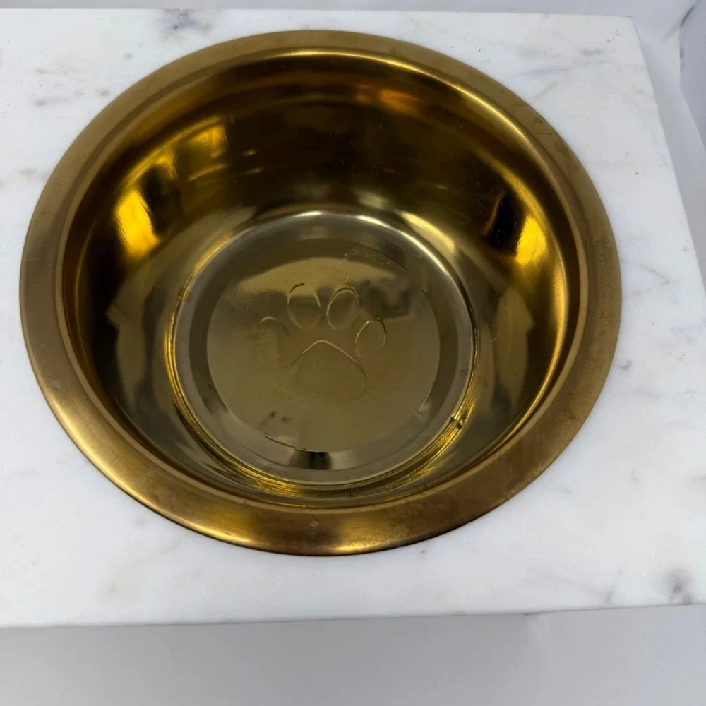 Modern Elevated Pet Feeder White Marble Gold Brass Colored Metal Base Bowls